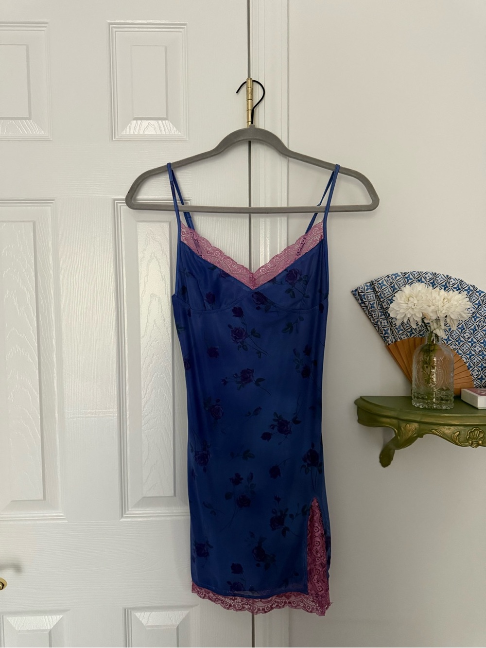 Motel Rocks Blue Floral Satin Slip with Pink Lace Trim